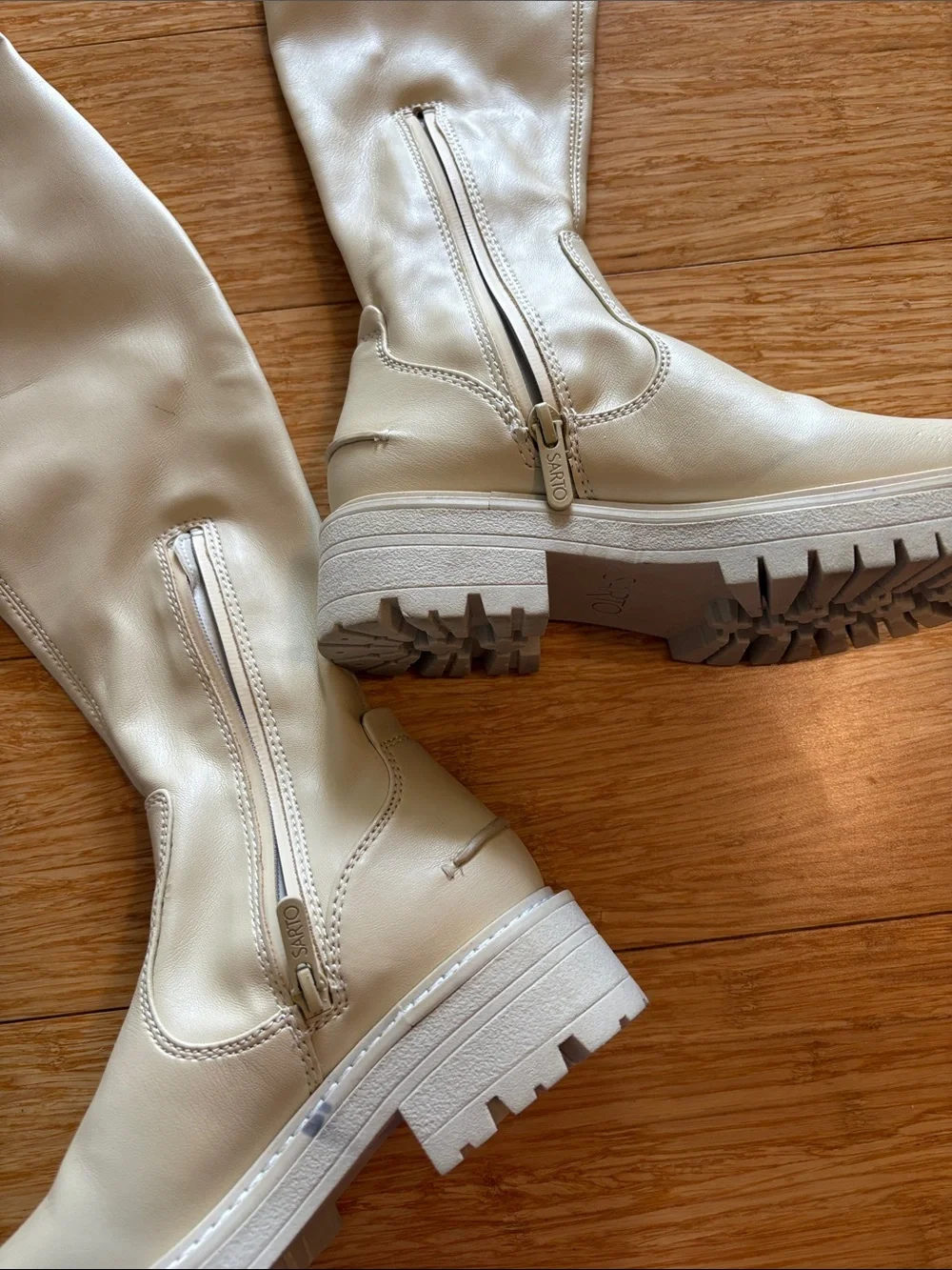 Franco Sarto Fera Cream Over The Knee Lug Sole Boots size 5.5M neutral classic